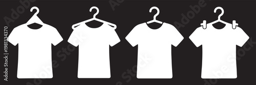 Clothes hanger icon set. Tee shirt with hanger sign. Fabric sport wear symbol. Laundry and Fashion .Tee shirt with hanger sign. Fabric sport wear symbol. tshirt on hanger icon set, clothing store sign
