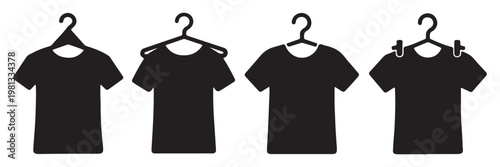 Clothes hanger icon set. Tee shirt with hanger sign. Fabric sport wear symbol. Laundry and Fashion .Tee shirt with hanger sign. Fabric sport wear symbol. tshirt on hanger icon set, clothing store sign