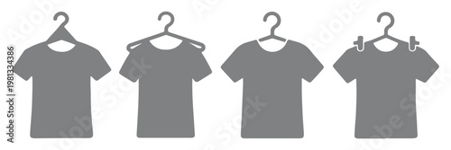 Clothes hanger icon set. Tee shirt with hanger sign. Fabric sport wear symbol. Laundry and Fashion .Tee shirt with hanger sign. Fabric sport wear symbol. tshirt on hanger icon set, clothing store sign