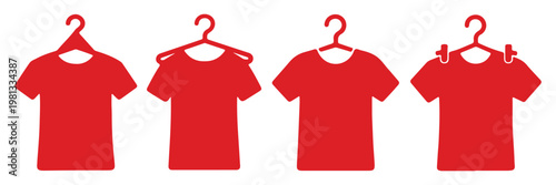 Clothes hanger icon set. Tee shirt with hanger sign. Fabric sport wear symbol. Laundry and Fashion .Tee shirt with hanger sign. Fabric sport wear symbol. tshirt on hanger icon set, clothing store sign