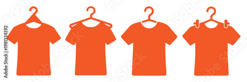 Clothes hanger icon set. Tee shirt with hanger sign. Fabric sport wear symbol. Laundry and Fashion .Tee shirt with hanger sign. Fabric sport wear symbol. tshirt on hanger icon set, clothing store sign