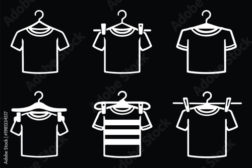Clothes hanger equipment icons wardrobe vector illustration. T-shirt on Hanger Line Icon Set. T-shirt with hanger icon. Minimalistic Linear icon of cloths hanger symbol. Vector Illustration. 