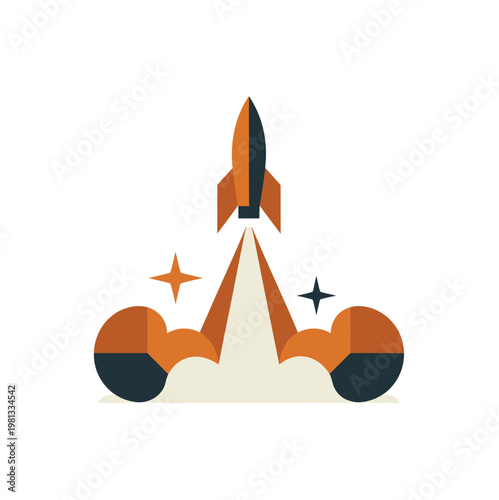 A rocket ship launching into the sky with flames and stars around it