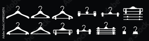 The hanger line icon. Clothes rack symbol. Cloakroom pictogram. Wardrobe sign. hanger glyph icon. T-shirt on Hanger Line Icon Set. clothes hangers with clips, bars, and garment shapes for fashion. 