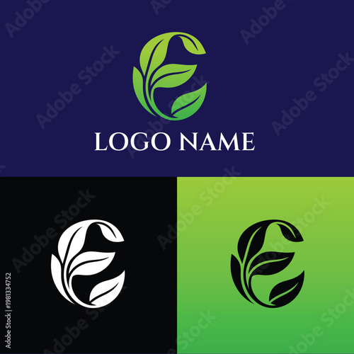 A logo design featuring a stylized leaf symbol on different colored backgrounds