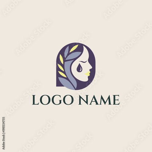 A minimalist logo design featuring a woman's face with leaves and a teardrop