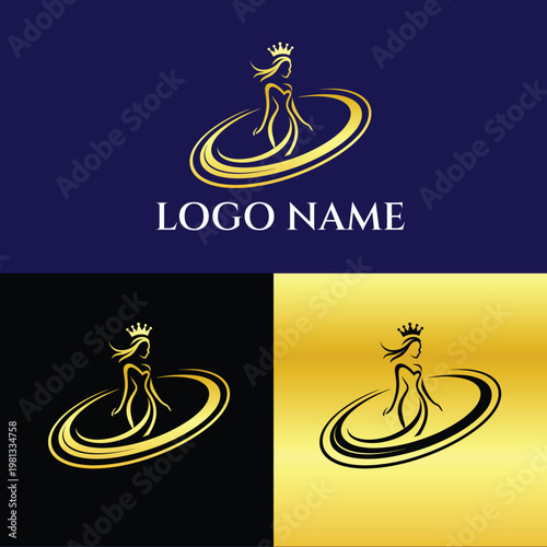 A stylized logo featuring a crowned woman on a swirling circle in gold and black