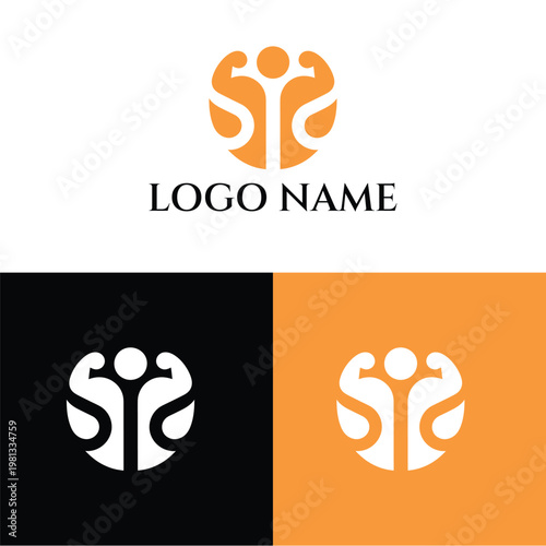 A logo design featuring three interconnected figures in different color schemes and backgrounds