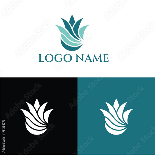 A stylized logo design with a leafy element and text on a white background