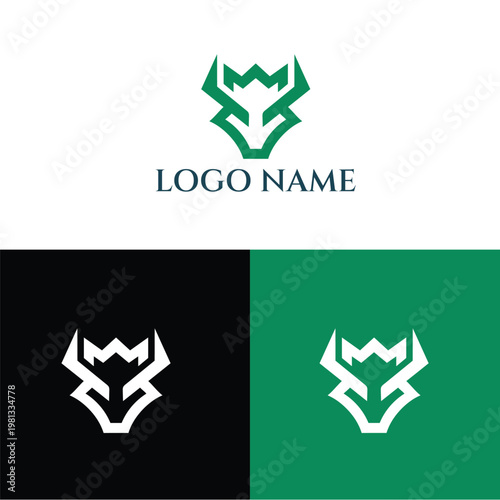 A modern logo design featuring a stylized wolf head in different colors and backgrounds
