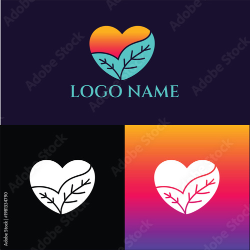 A heart-shaped logo with leaves on a colorful gradient background and different colored versions