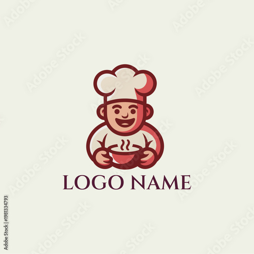 A cartoon chef character holding a steaming bowl of food on a plain background
