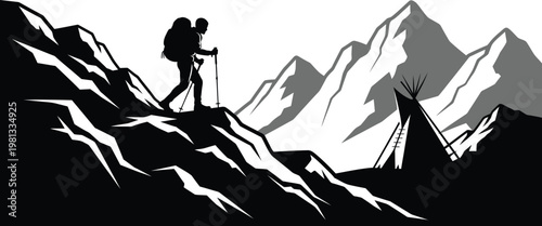 Mountain hiker silhouette a lone figure conquering a rugged peak
