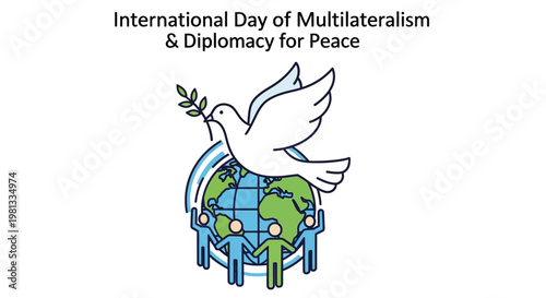 A white dove carrying an olive branch flies over a globe held by people