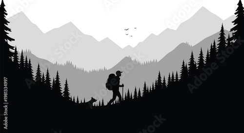 Mountain silhouette hiker with backpack and dog in scenic landscape