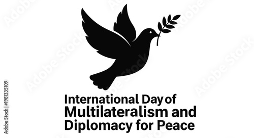 A black silhouette of a dove carrying an olive branch with text below