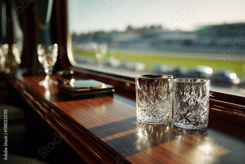 Luxury Hospitality Suite Interior with Crystal Glasses at Racecourse for Corporate VIP Event and Kentucky Derby Hosting