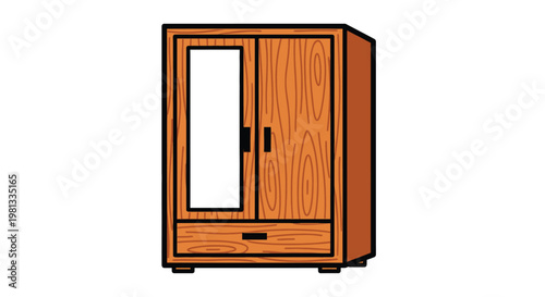A cartoon illustration depicts a wooden wardrobe with two doors and a single drawer