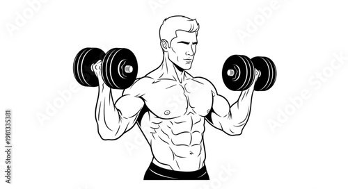 Muscular man performing dumbbell shoulder press exercise illustration.