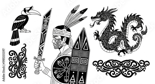 Tribal warrior dragon bird and ornamental designs.