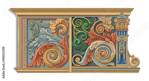 Ornate architectural detail with mythological creatures and floral motifs.