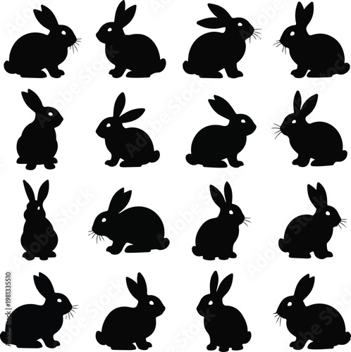 Rabbit Silhouettes Set, Bunny Vector Illustrations for Easter and Wildlife Design