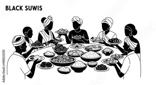 Black Suwi People Enjoying a Meal Together Around a Table.