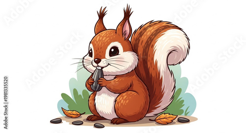 Cute cartoon squirrel eating sunflower seeds in the grass.