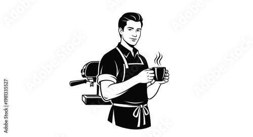 Barista Holding Hot Coffee Cup Winking Next to Espresso Machine.