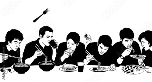 Group of men eating noodles and food at a long table.