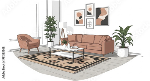 Cozy Living Room Interior Design with Modern Furniture and Plants.