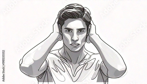 Man Covering Ears Blocking Out Noise Frustration.