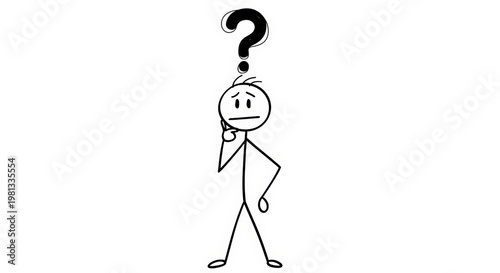 Stick Figure Man Thinking with Question Mark Above Head Isolated on White Background
