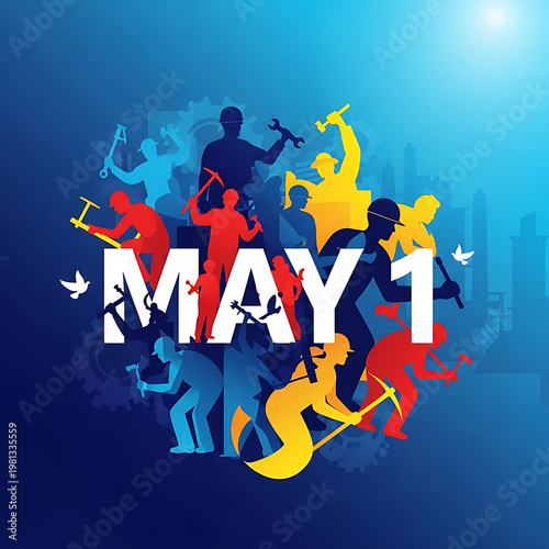 May 1st international workers day celebration with silhouettes