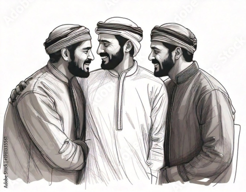 Three men in traditional clothing looking at each other.