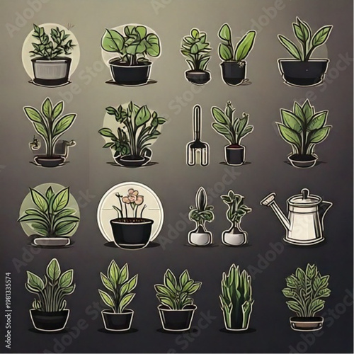 Collection of Pixel Art Potted Plants and Watering Can.