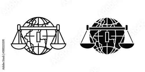 International court of justice and its global jurisdiction symbols in balance scale designs