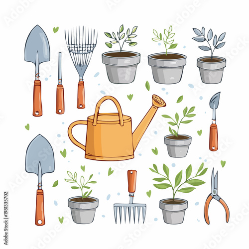 Gardening Tools and Potted Plants Illustration.