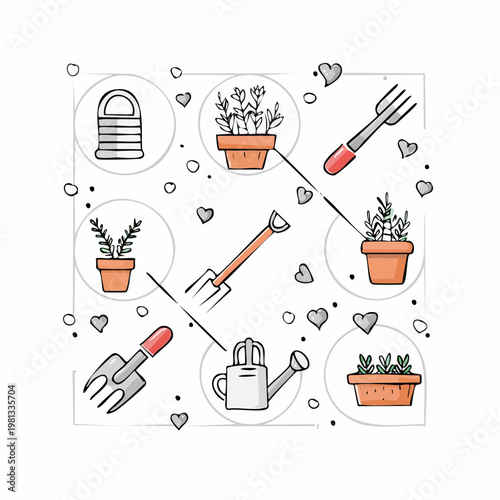 Gardening tools and plants illustration with hearts.