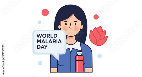 Illustration promoting world malaria day with a woman text and medical supplies
