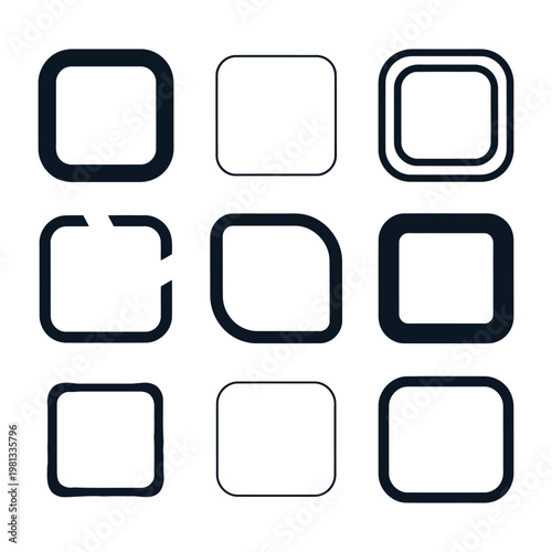 Set of modern rounded square frames, squircle shapes and UI button elements