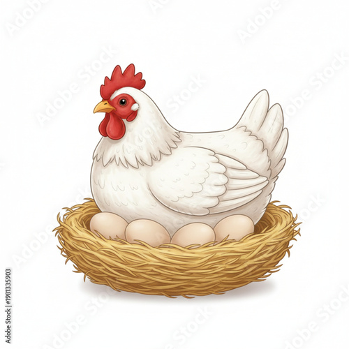 A vector graphic illustration of a white chicken sitting on eggs in a nest