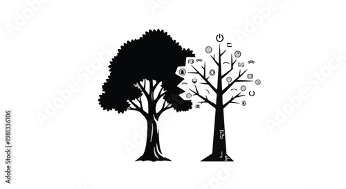 black and white tree silhouettes with leaves