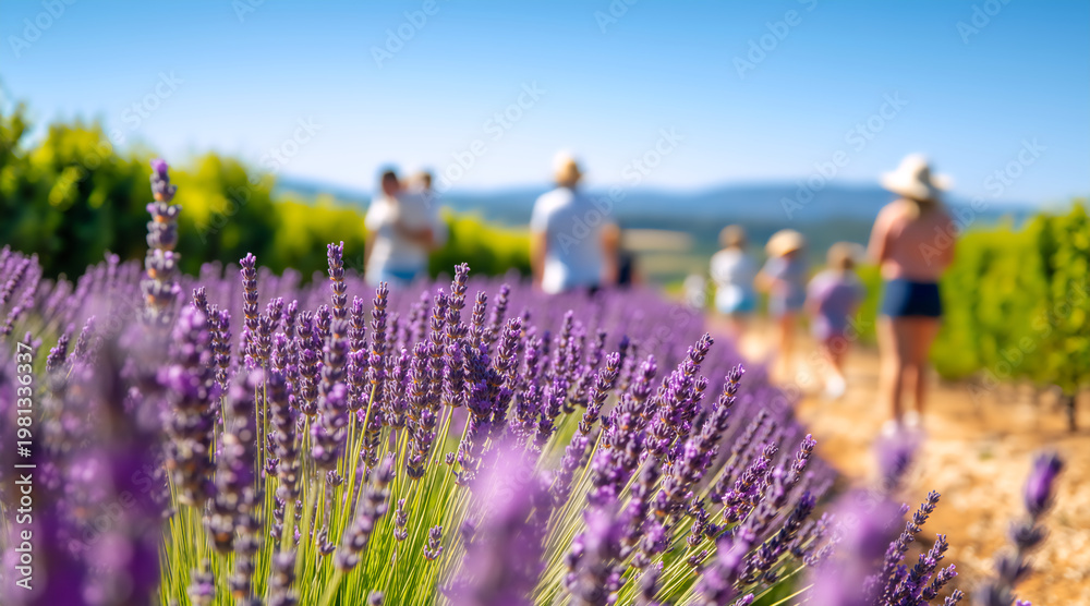 Fototapeta premium Blooming lavender flowers in a field. People walking on a dirt path in the blurred background during summer