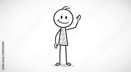Stick Figure Man Waving Hand Smiling Isolated on White Background Hand-Drawn Sketch