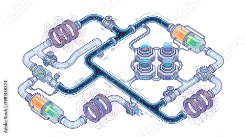 A complex network of industrial pipes and valves.