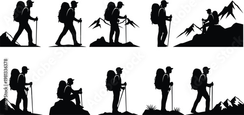 Hiking silhouette collection people exploring mountainous terrain with backpacks