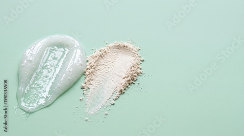 Different textures of skincare products on a mint green background with gel and powder displayed side by side