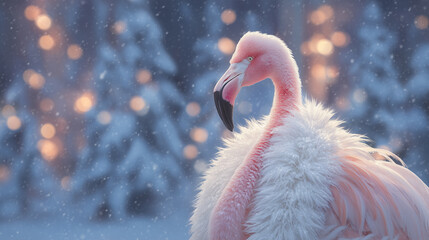 Close up of a pink flamingo bird standing in water at the zoo in a natural wildlife setting