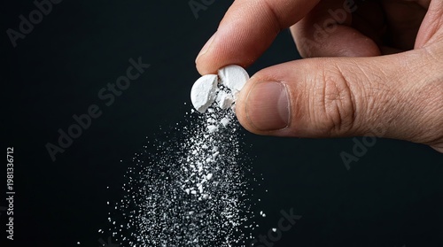 Hand holds a broken tablet with powder falling, showing the process of crushing medication for easier consumption